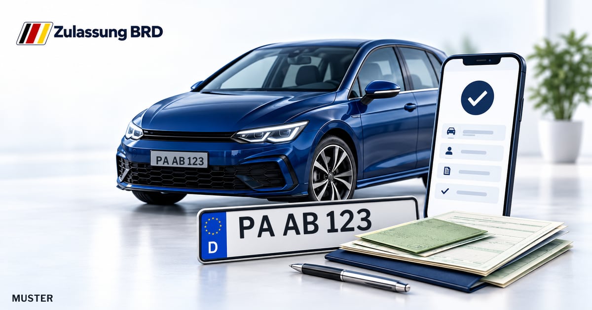 Online Fahrzeugzulassung in Salzweg: Musterkennzeichen PA AB 123, Auto und Fahrzeugpapiere und Smartphone. Illustration mit Logo von Zulassung BRD.